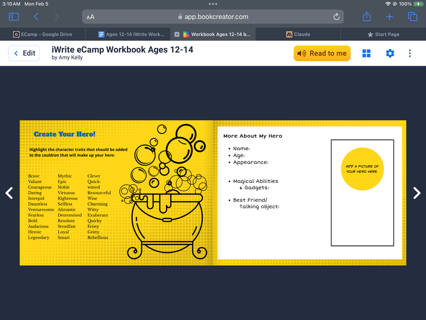 a yellow and black screen with the words write camp workbook april 14 - 14 on it for iWrite eCamp Virtual Writing Course