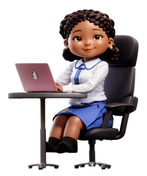 a cartoon girl sitting at a desk with a laptop for iWrite eCamp Virtual Writing Course